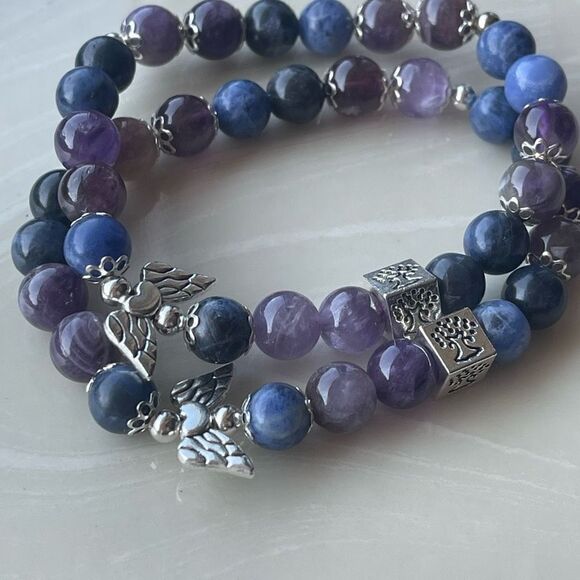 Amethyst sodalite Angel wings tree of life ONE NEW stretch bracelet beaded - Picture 6 of 11